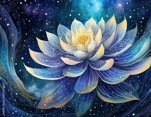 lotus structure radiates light and energy, illuminating the surrounding darkness. Small particles or points of light are scattered throughout the background, giving it a cosmic or ethereal quality.