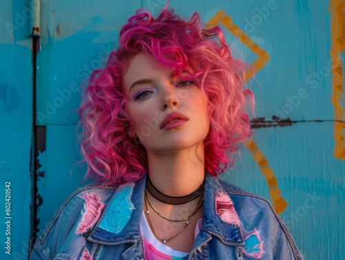 Adult White Woman with Pink Curly Hair neon style Illustration.