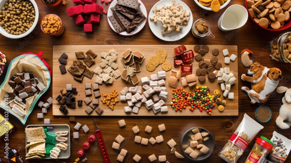 pet food and supplies arranged on a rustic wooden table, captured in wide-angle detail, in a professional photoshoot featuring high-resolution imagery with cinematic appeal. pet food and supplies arranged on a rustic wooden table, captured in wide-angle detail, in a professional photoshoot featuring high-resolution imagery with cinematic appeal.