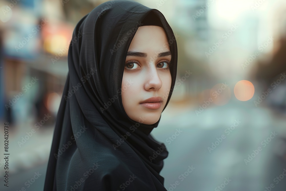 Portrait of young arabian girl in hijab on blurred city background. Muslim woman Portrait of young arabian girl in hijab on blurred city background. Muslim woman
