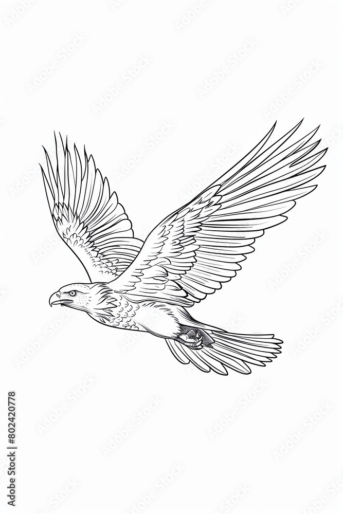 Naklejka premium An eagle with outstretched wings is flying to the right. The image is a line drawing.