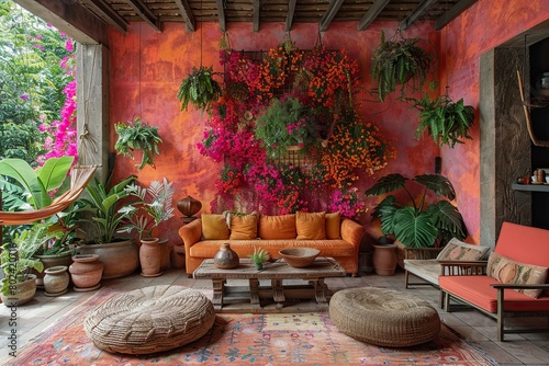 A tropical living room featuring a vibrantly colored floral patterned wall in a professionally chosen palette of pink, orange, and green. Natural woven furniture and strategically placed  photo