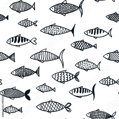 Hand drawn line art seamless pattern with many black lined different fish on white background.Print cards,invitations,design