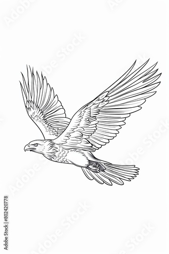 An eagle with outstretched wings is flying to the right. The image is a line drawing.