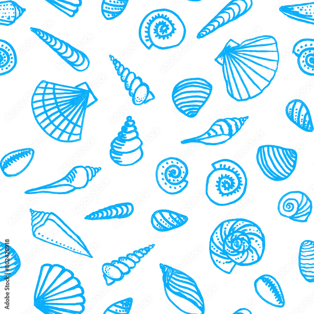 Hand drawn line art different shaped seashells as summer sea vacation background.Aquatic marine life doodle wallpapers