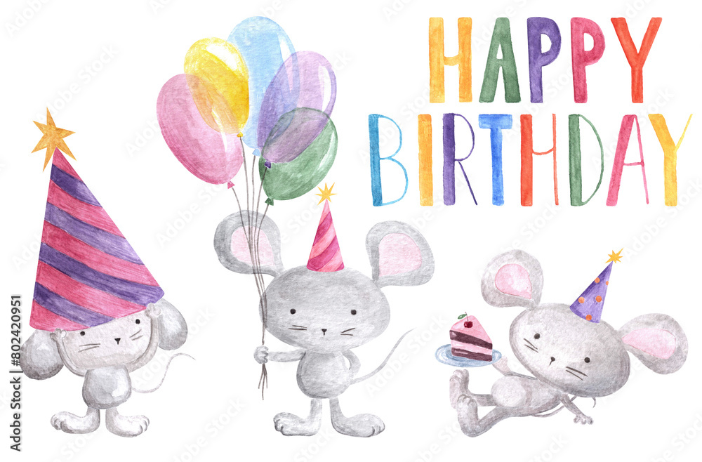 Watercolor set of cartoon mice in party hats holding plate with cake piece,bunch of balloons and written word Watercolor set of cartoon mice in party hats holding plate with cake piece,bunch of balloons and written word