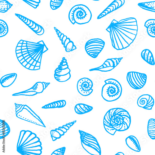 Hand drawn line art different shaped seashells as summer sea vacation background.Aquatic marine life doodle wallpapers