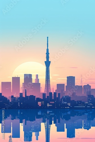 Cityscape of a large city with a tower in the center. The sky is a gradient of blue and pink. The city is reflected in the water below.