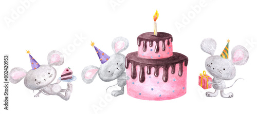 Watercolor set of cartoon mice holding gift box, plate with cake piece and choco cream cake with candle as Birthday party isolated elements.