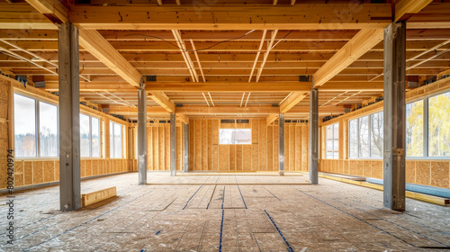 A large empty room with wooden beams and a lot of space