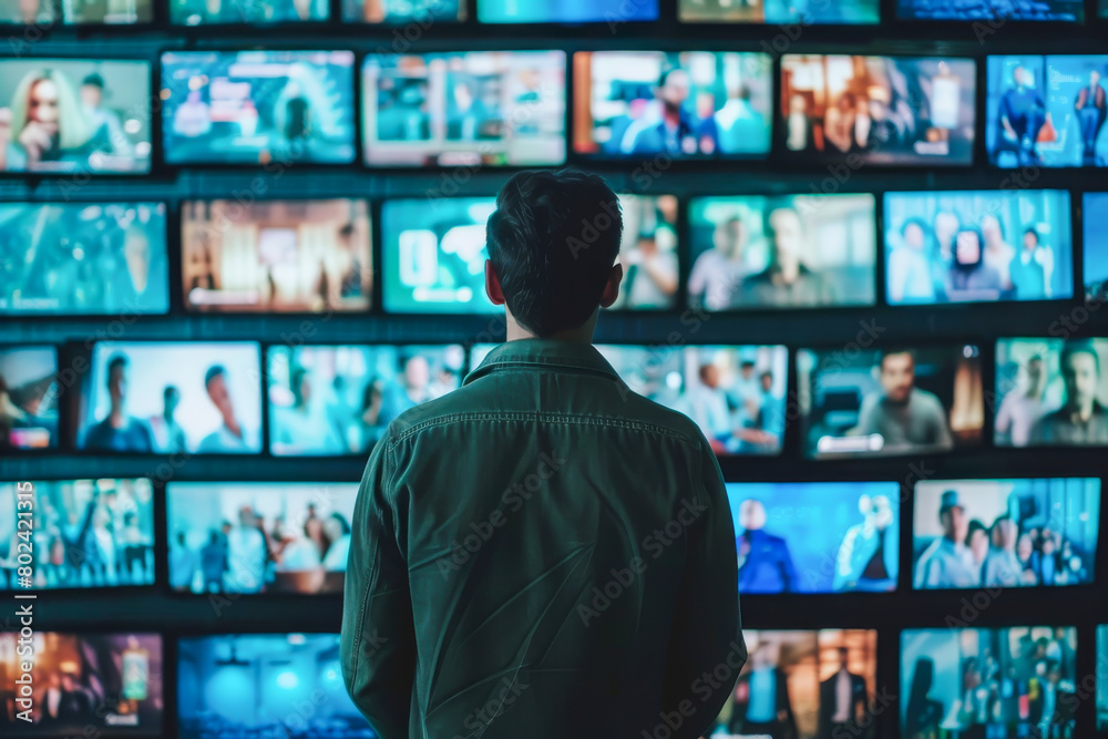 A man stands in front of a wall of televisions, watching the images on them