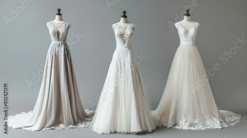 Three wedding dresses with different bodices and skirts displayed on mannequins.

 photo
