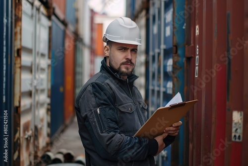 Male worker in uniform holding clipboard and standing on containers yard