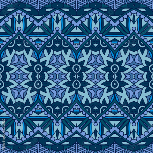 Blue mosaic seamless pattern with medallion mandala flower ornamental. Abstract seamless ethnic tribal design