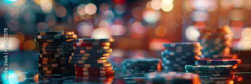 stacks of poker chips on a gaming table in casino, close up shot of piled up gambling chips, casino banner concept with copy space, gamble venue header