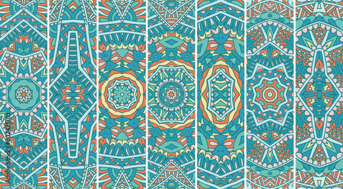Set of banners. Ethnic boho geometric psychedelic colorful print with doodle Vector mandala bookmark