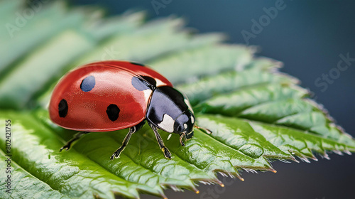 Red lady bug on a bright green leaf