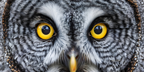 Portrait of Great Grey Owl and yellow eyes Strix nebulosa, a very large owl face close up. © Zain