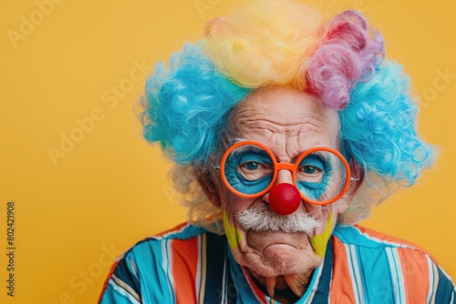 Senior clown man with painted face and colorful wig