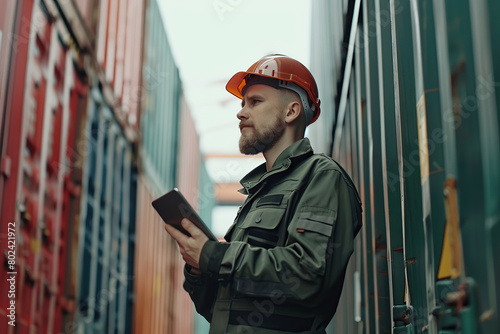 Male worker in uniform holding tablet and standing on containers yard