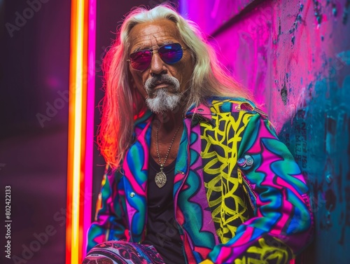 Old Latino Man with Blond Straight Hair neon style Illustration.