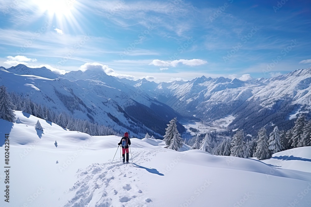 Person Standing on Snow Covered Slope. Generative AI Person Standing on Snow Covered Slope. Generative AI