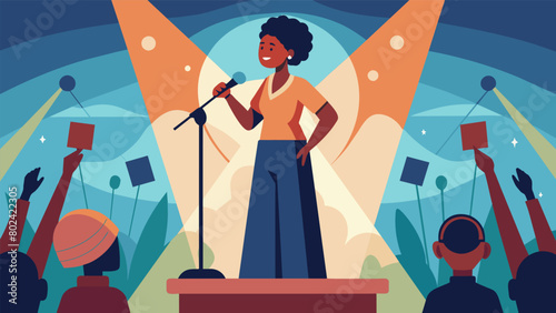 A person standing on a stage their voice amplified through a microphone as they deliver a powerful speech on the significance of Juneteenth and the. Vector illustration