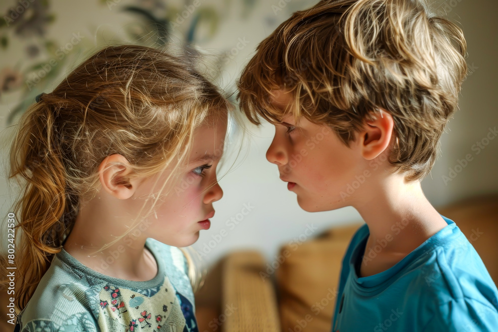 Two young boys are standing face to face, one of them looking sad Two young boys are standing face to face, one of them looking sad