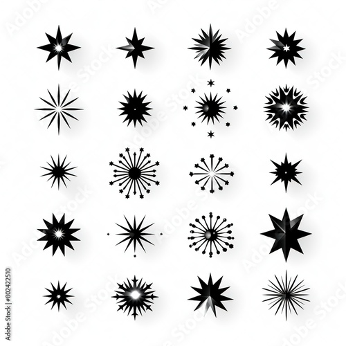 Different type of black color star icons, a collection of illustrations of twinkling stars, sparks, a shining explosion isolated on white background