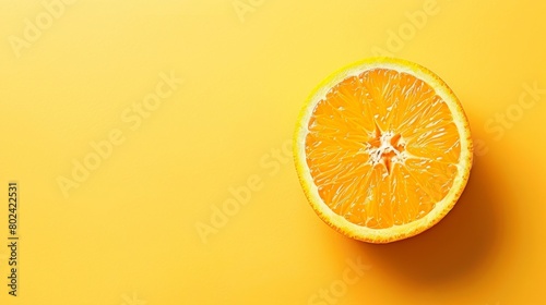 Vibrant orange slice on a yellow background, embodying freshness and juicy, tangy flavor. Copy Space.