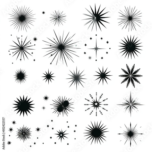 Different type of black color star icons, a collection of illustrations of twinkling stars, sparks, a shining explosion isolated on white background © ANILCHANDRO