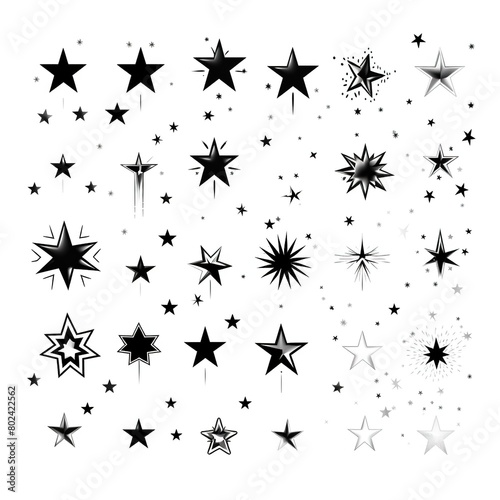 Different type of black color star icons  a collection of illustrations of twinkling stars  sparks  a shining explosion isolated on white background