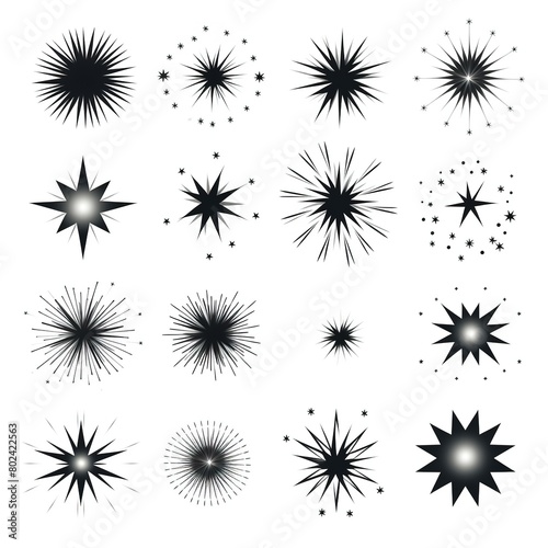 Different type of black color star icons, a collection of illustrations of twinkling stars, sparks, a shining explosion isolated on white background © ANILCHANDRO