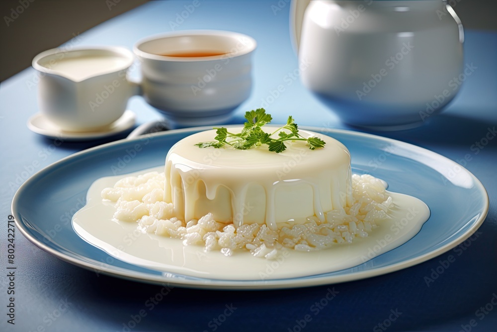 Small White Cake on Blue Plate. Generative AI