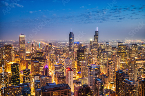 Illuminated Chicago Aerial Skyline View at Dusk