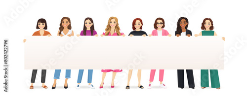 Happy smiling group of women holding empty blank placard or board standing together full length isolated vector illustration