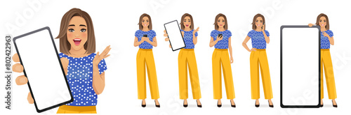 Beautiful business woman wearing bright clothes standing with phone in different poses, showing blank screens isolated vector illustration