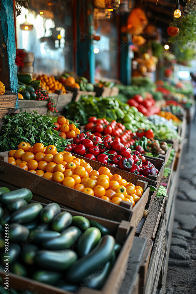 Farmers market. Colorful and diverse fresh greens and vegetables on the stand.