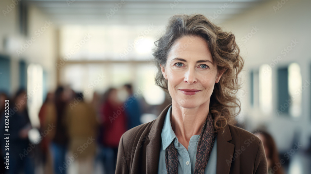 Fototapeta premium Serene Middle-aged White Woman Gazing at Camera in Classroom: Experienced Teacher Concept