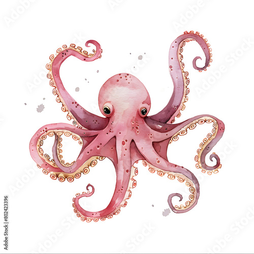 Watercolor illustration set of octopuses, white background