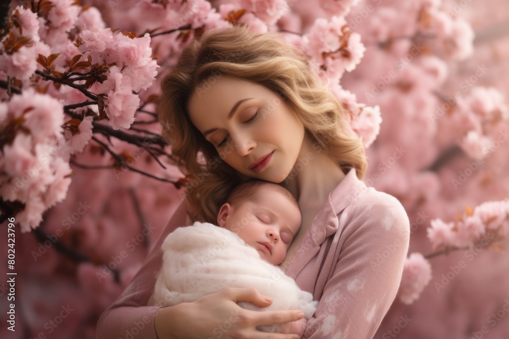 A woman with blond hair holds a child near a cherry blossom tree. A woman with blond hair holds a child near a cherry blossom tree.