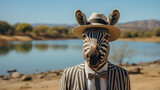 A zebra wearing a hat and a suit is standing in front of a lake