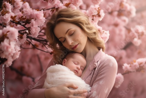 A woman with blond hair holds a child near a cherry blossom tree. © ProPhotos