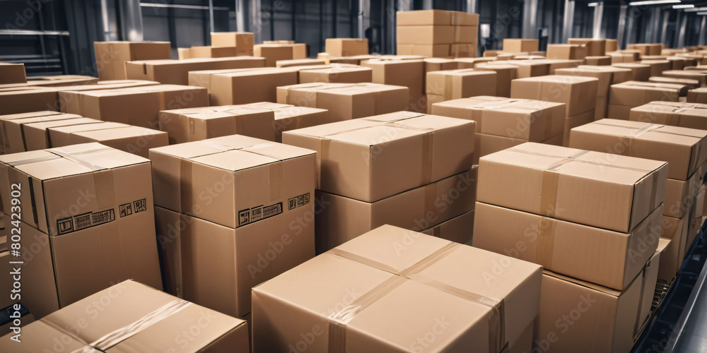 modern warehouse logistics system featuring a conveyor belt transporting cardboard boxes