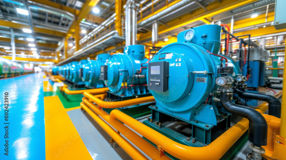 A row of blue and yellow industrial machines