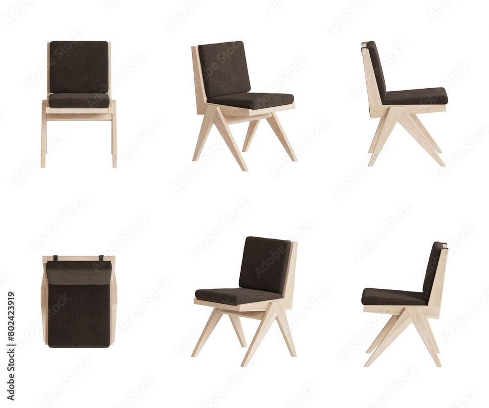 Set of six views of a chair with a light wooden body and legs, brown ...