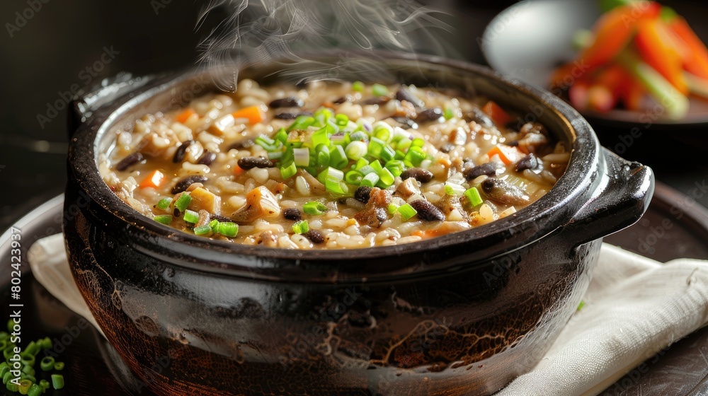 black spoon rice adorned with mushrooms and greens, elegantly presented on the table, with noodles arranged in a captivating photography style in the foreground. black spoon rice adorned with mushrooms and greens, elegantly presented on the table, with noodles arranged in a captivating photography style in the foreground.