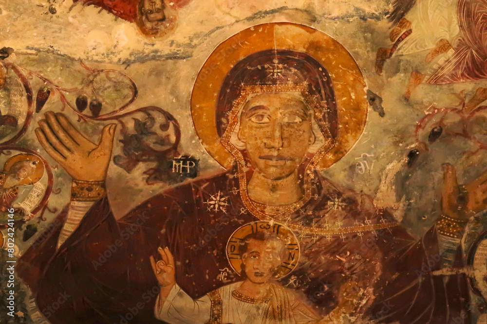 Our Lady of the Sign fresco, colorful ceiling painting, fresco, wall painting of Virgin Mary with baby Jesus inside the Rock Church at Sumela, Sümela Monastery, Trabzon, Turkey