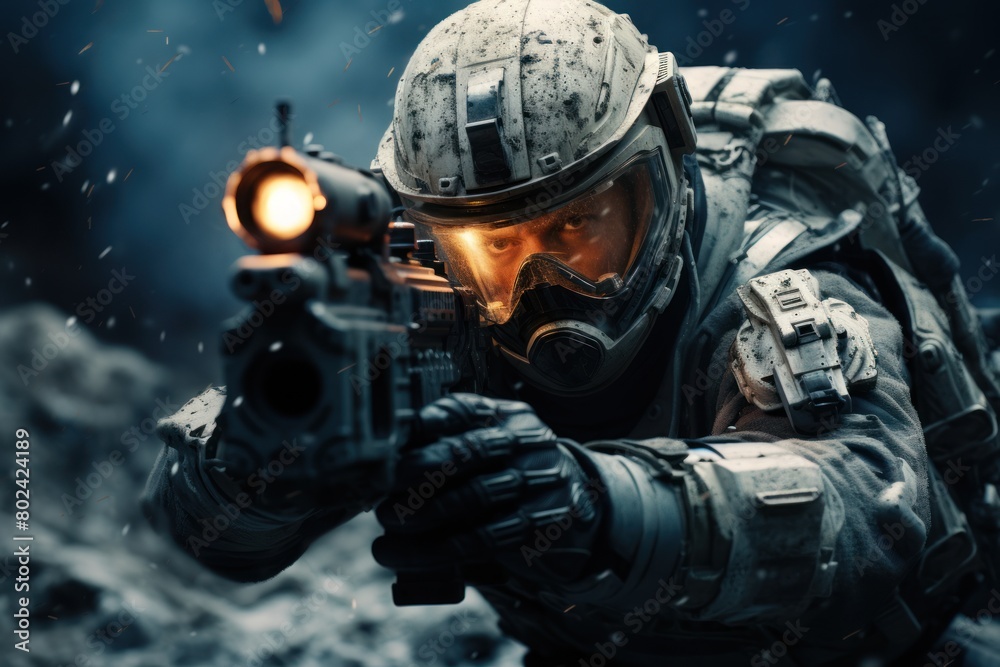 Fototapeta premium An astronaut takes aim with a rifle against a dark background of space.