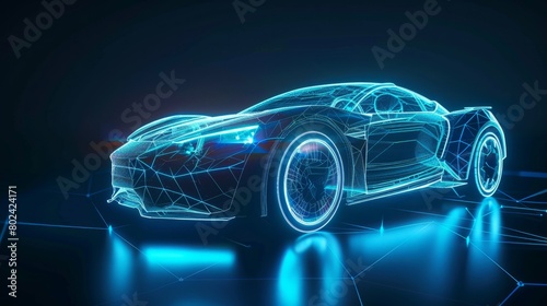 Frontside Futuristic AR car wireframe concept  generative ai  Augmented reality wireframe of car concept with blue background hyper realistic 